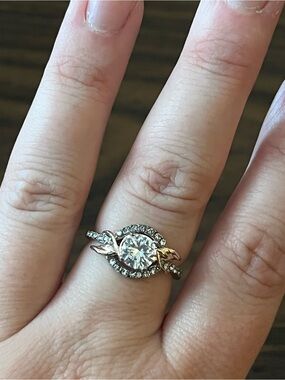 Silver Ring with Round Center Stone and Rose Gold Leaf Accents